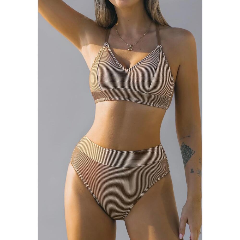 CUPSHE Women's Bikini Set V Neck High Waist Lace Up Bikini Sz L